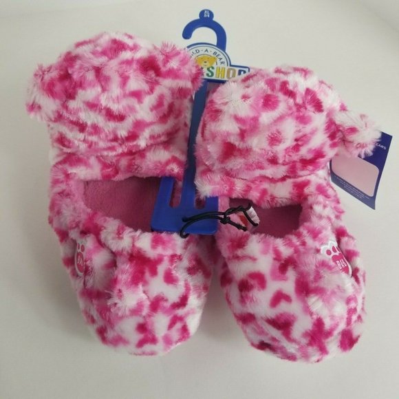 Build A Bear Workshop Kids Slippers Tiny Hearts Bea Plush Pink Sz XL 3/4 BAB New - Picture 2 of 12
